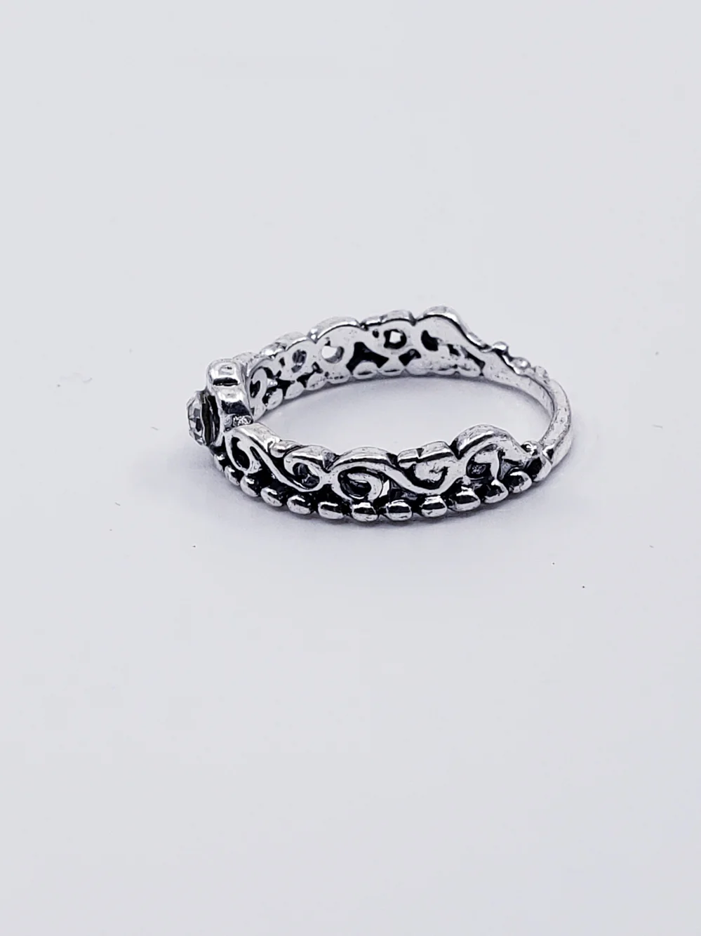 Silver Filigree Crown Ring with Clear Stone Sz 6.25